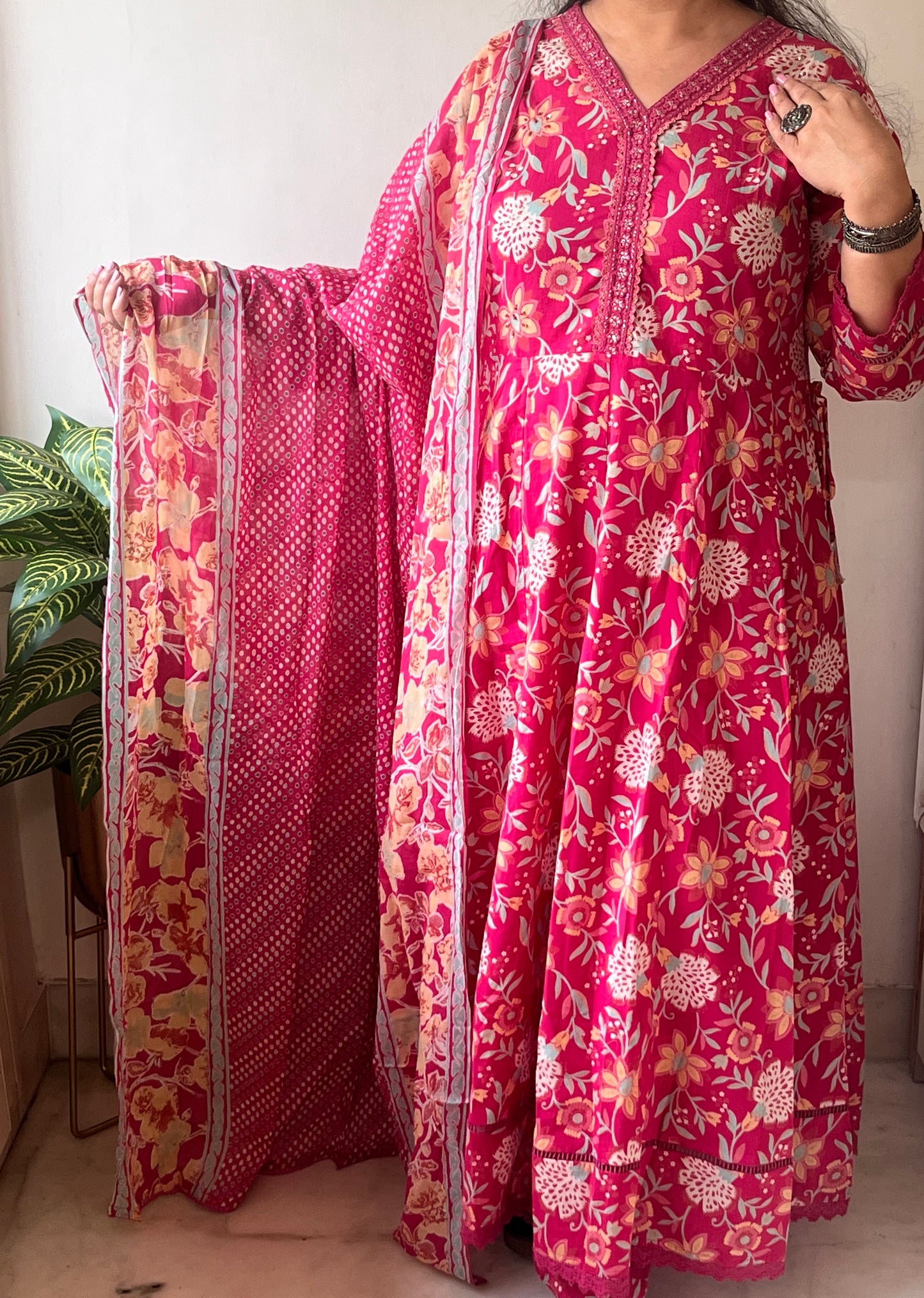 Pink Floral Soft Pure Cotton Anarkali