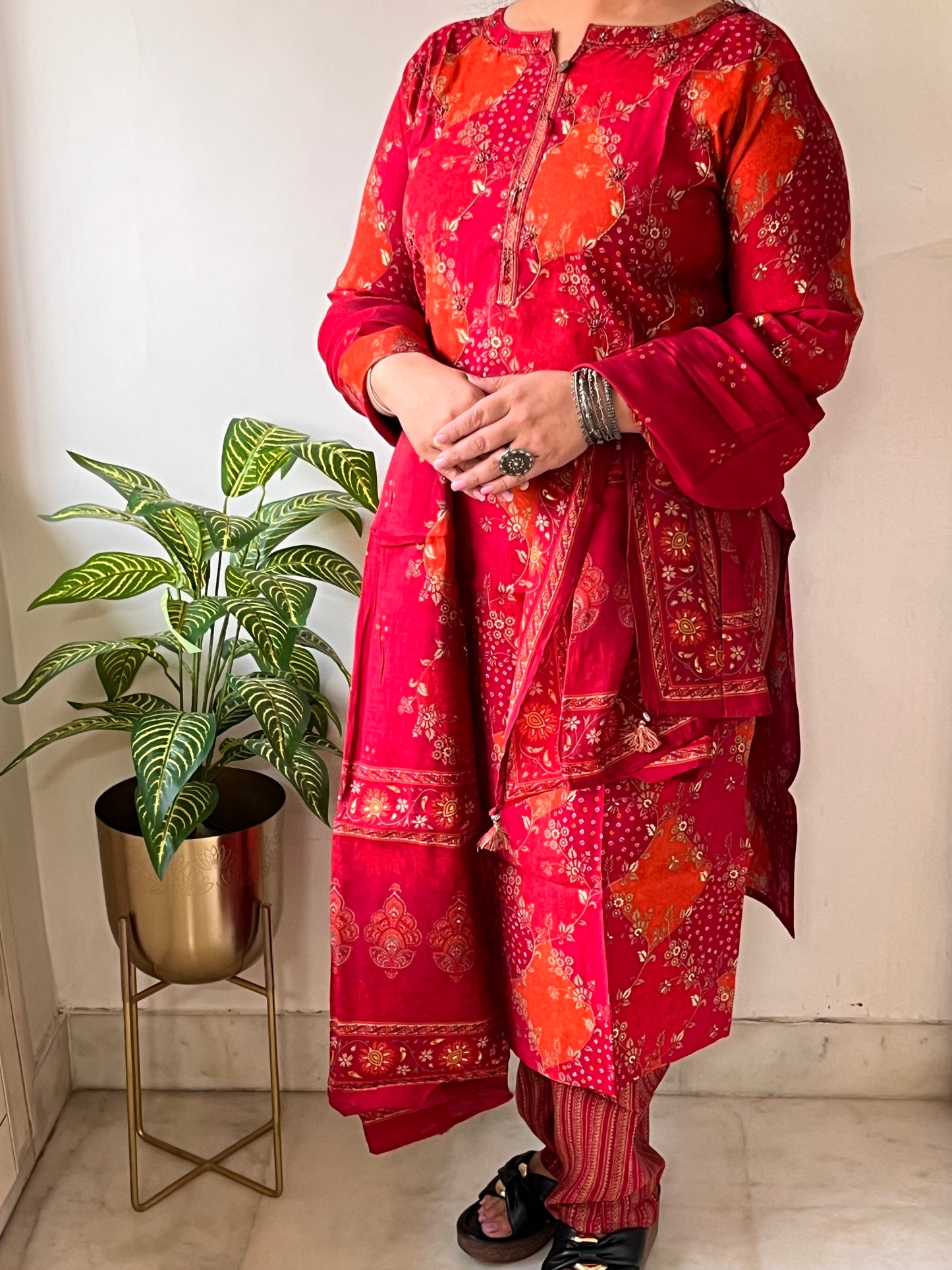 Red and Orange Muslin Festive Suit
