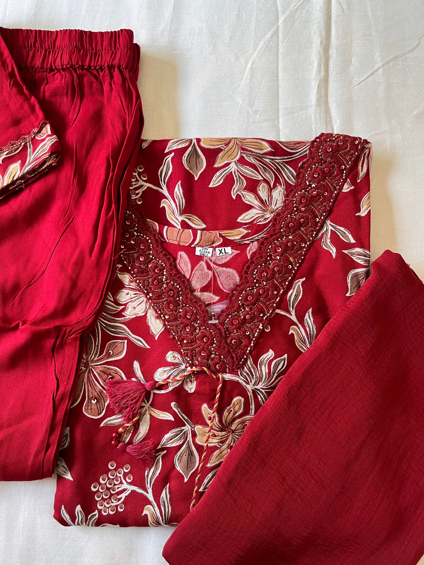 Deep Red Floral Cotton Suit with Chiffon Dupatta and Palazzos