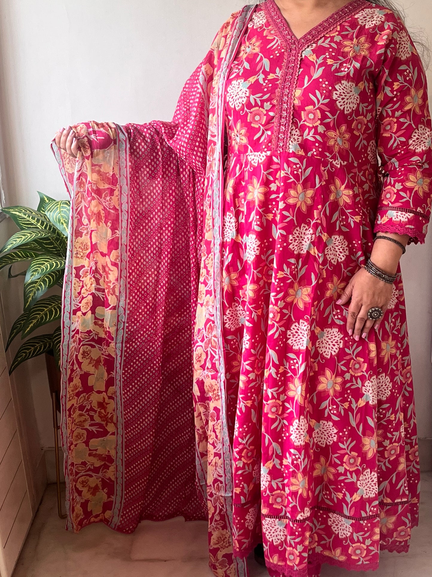 Pink Floral Soft Pure Cotton Anarkali