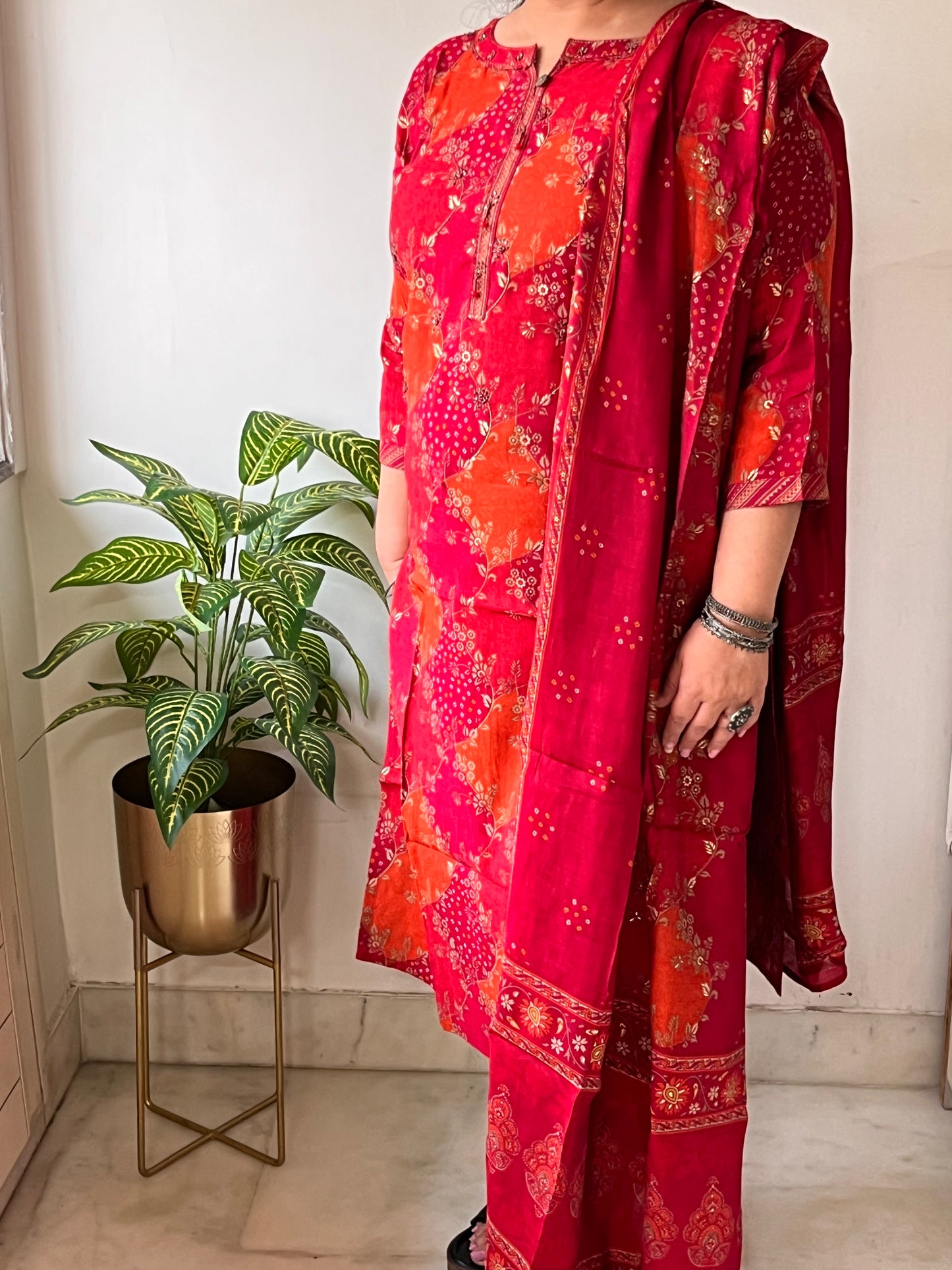 Red and Orange Muslin Festive Suit