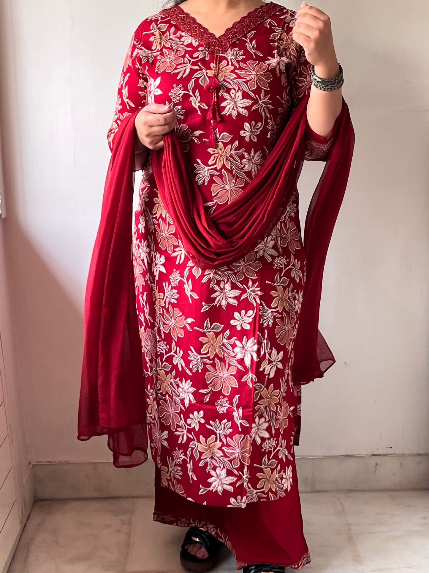 Deep Red Floral Cotton Suit with Chiffon Dupatta and Palazzos