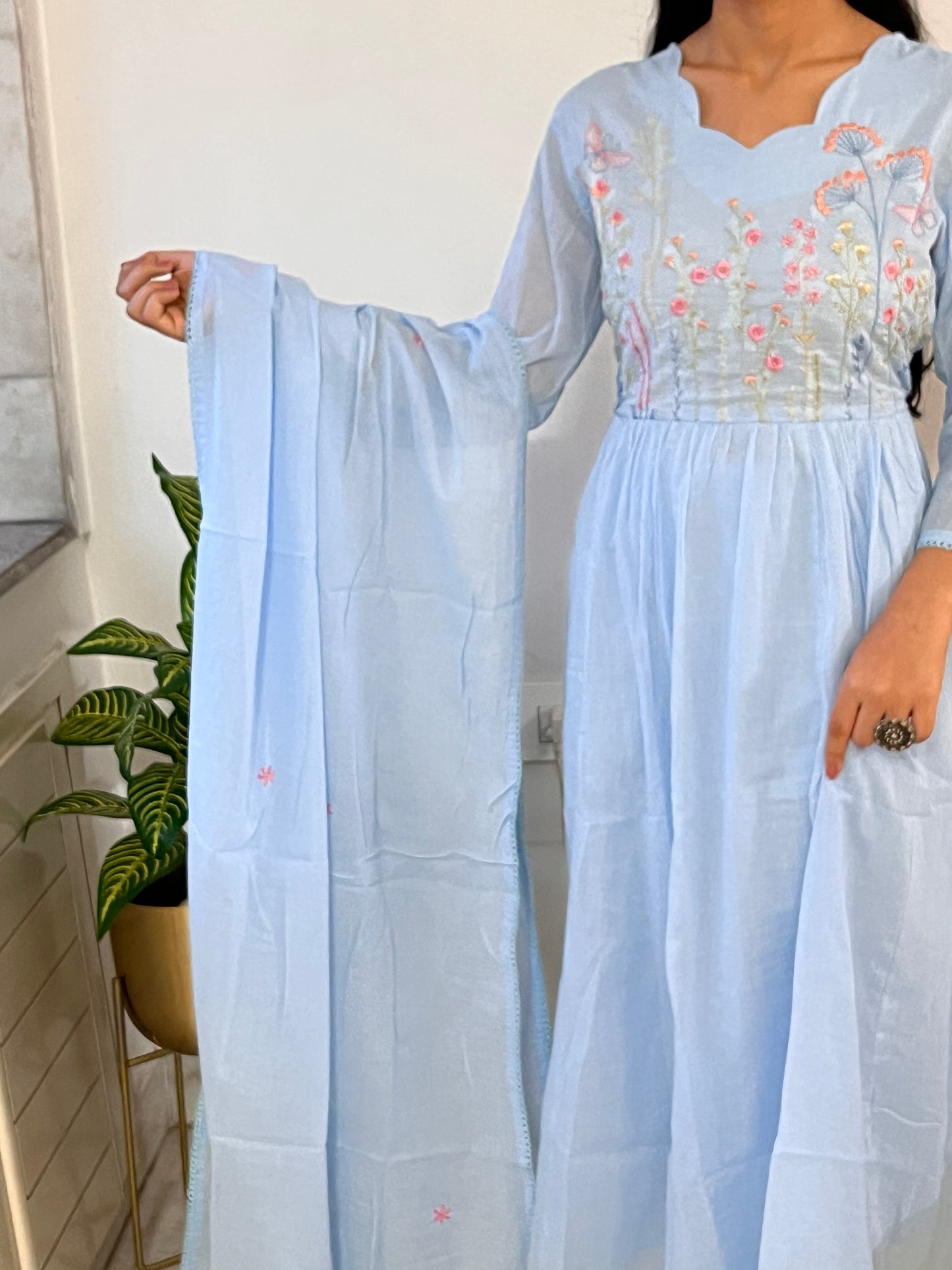 Sky Blue A Line Pure Mul Cotton Kurta Set