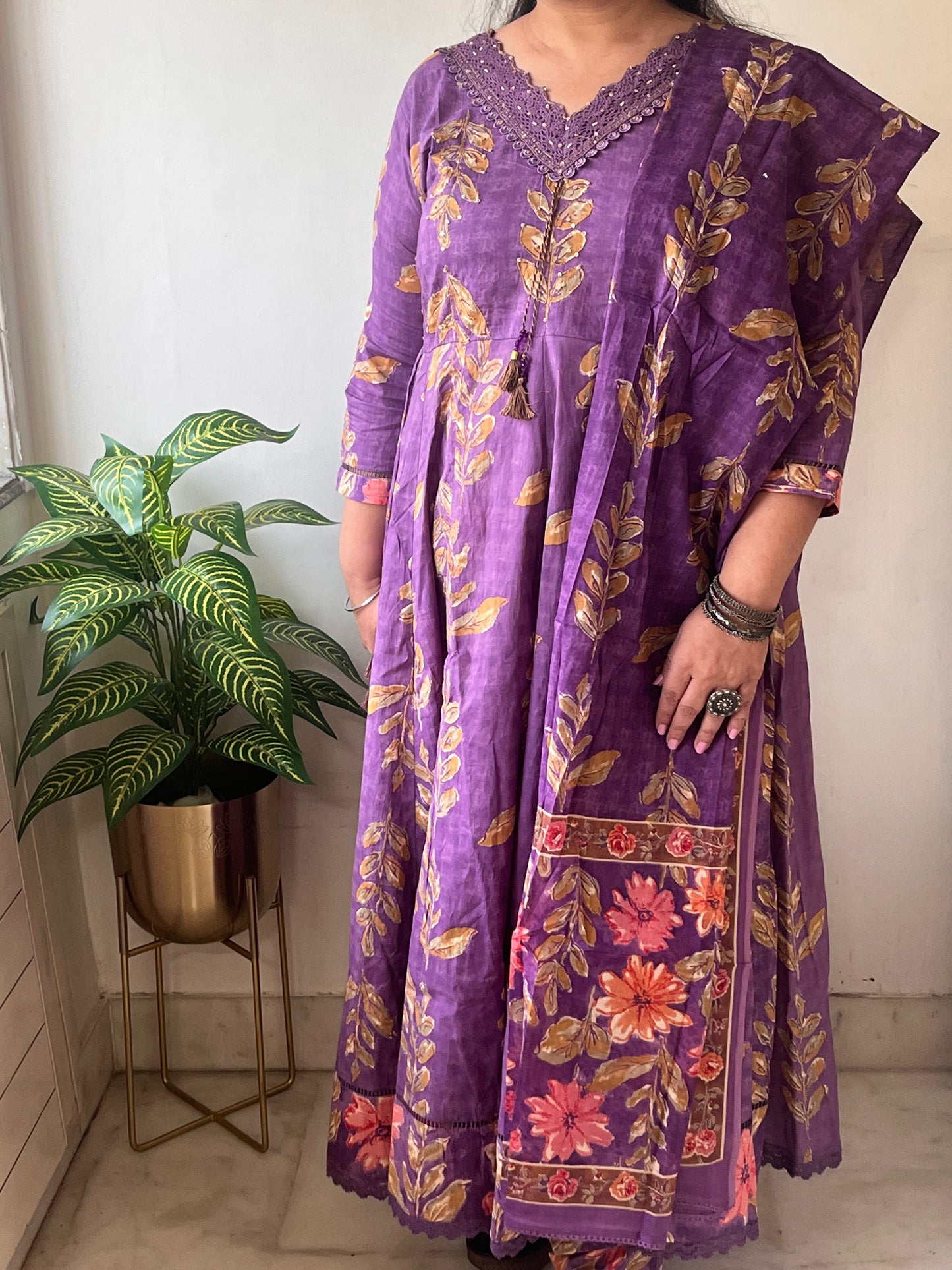 Purple Floral Soft Pure Cotton Anarkali