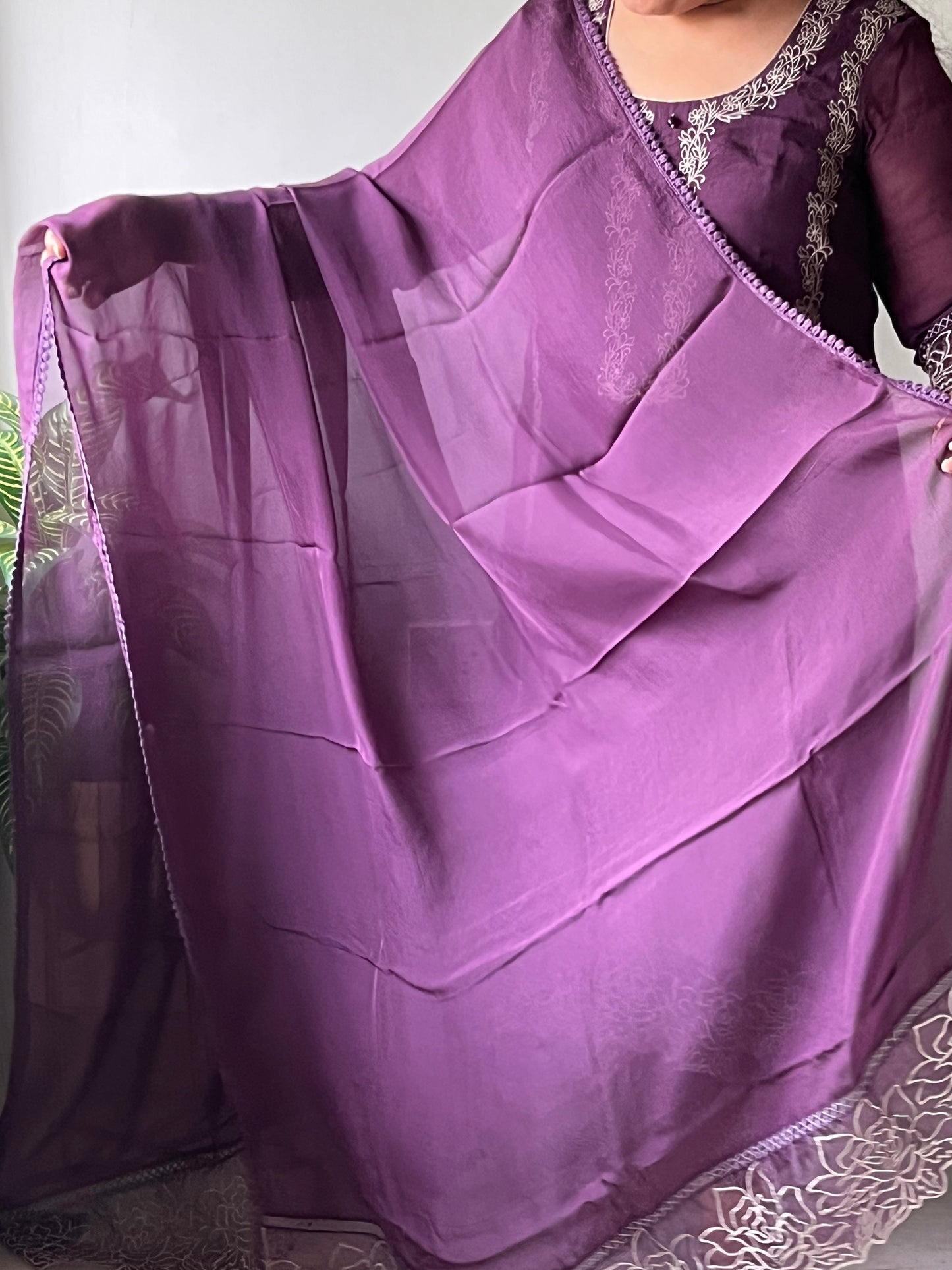 Purple Lace Work Organza Suit Set