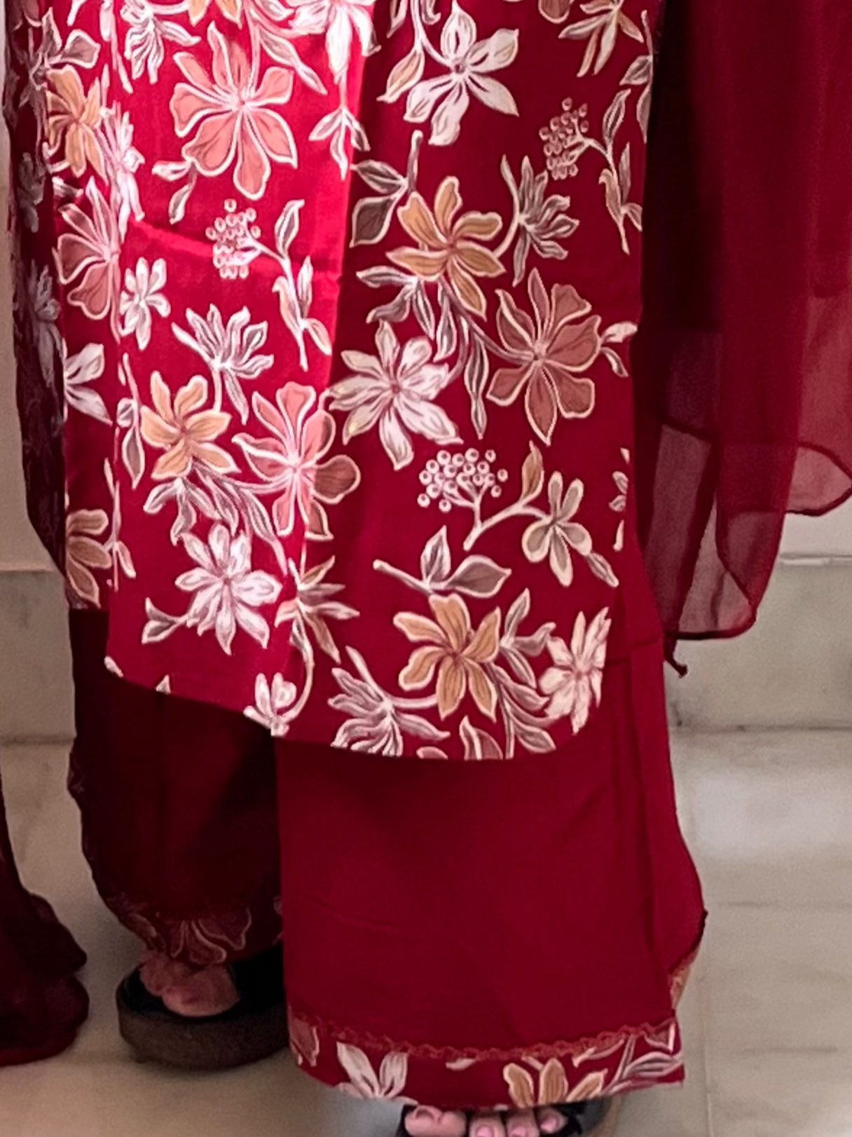 Deep Red Floral Cotton Suit with Chiffon Dupatta and Palazzos