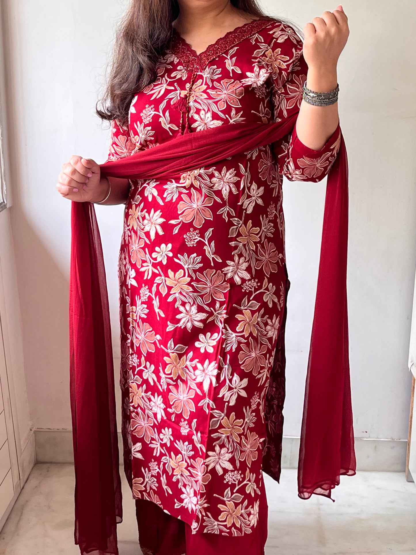 Deep Red Floral Cotton Suit with Chiffon Dupatta and Palazzos