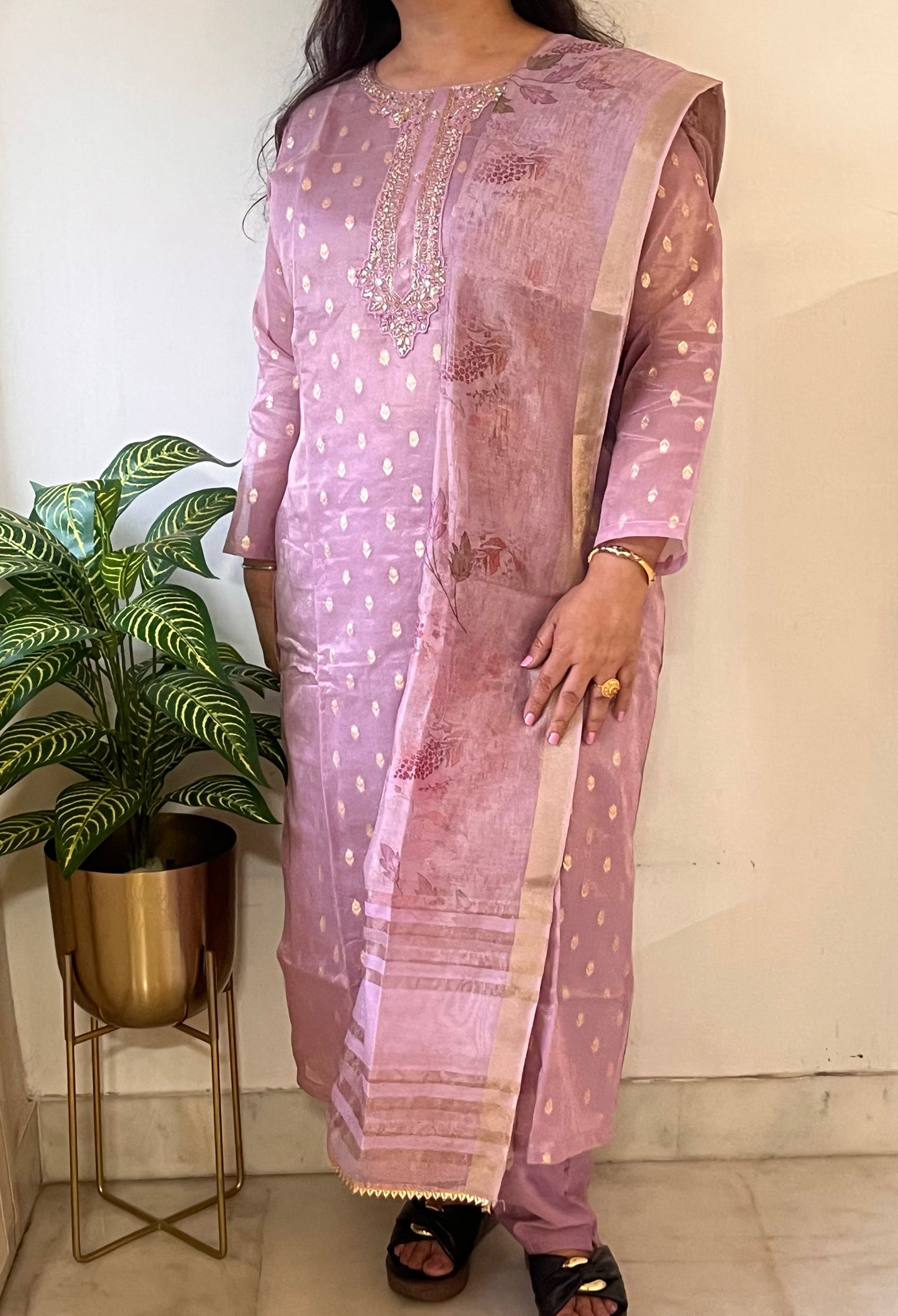 Onion Pink Shimmer Chanderi Handwork Festive Suit