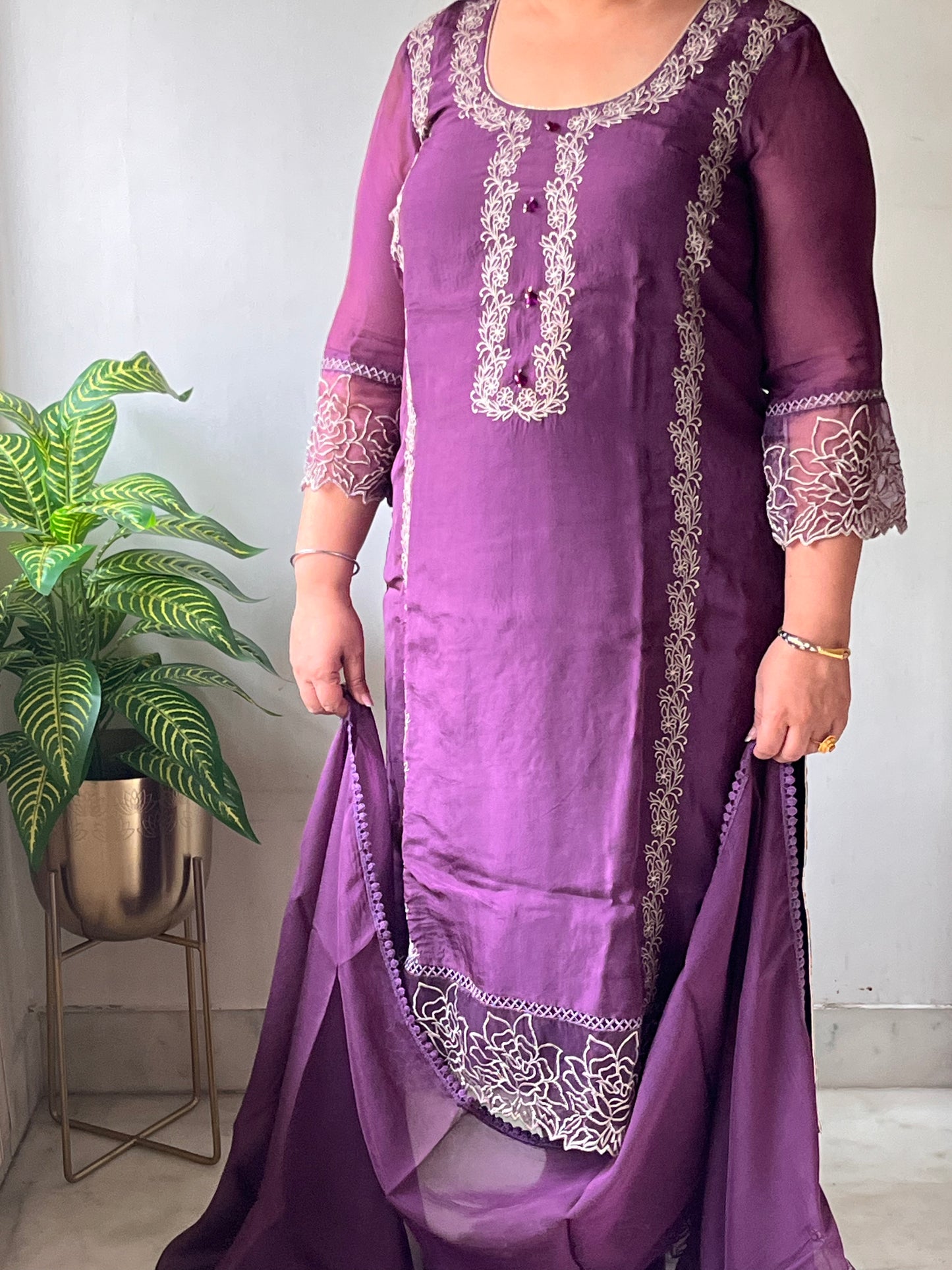 Purple Lace Work Organza Suit Set