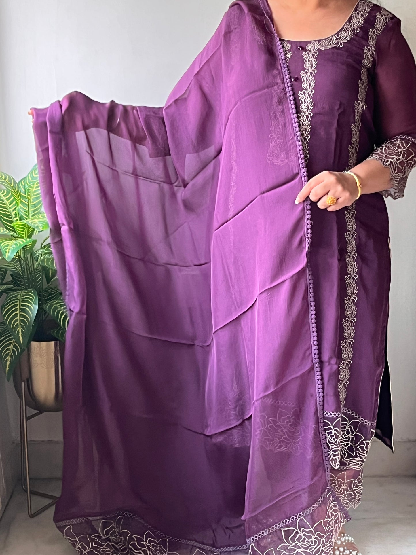 Purple Lace Work Organza Suit Set