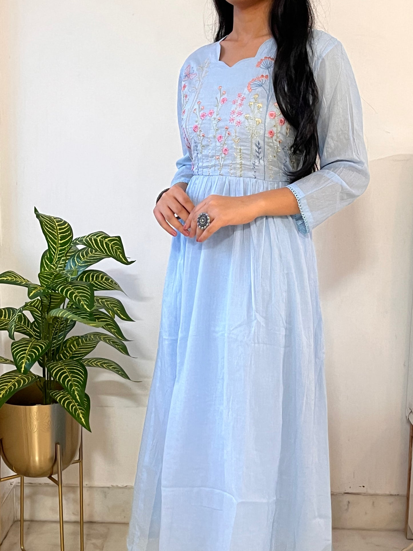 Sky Blue A Line Pure Mul Cotton Kurta Set