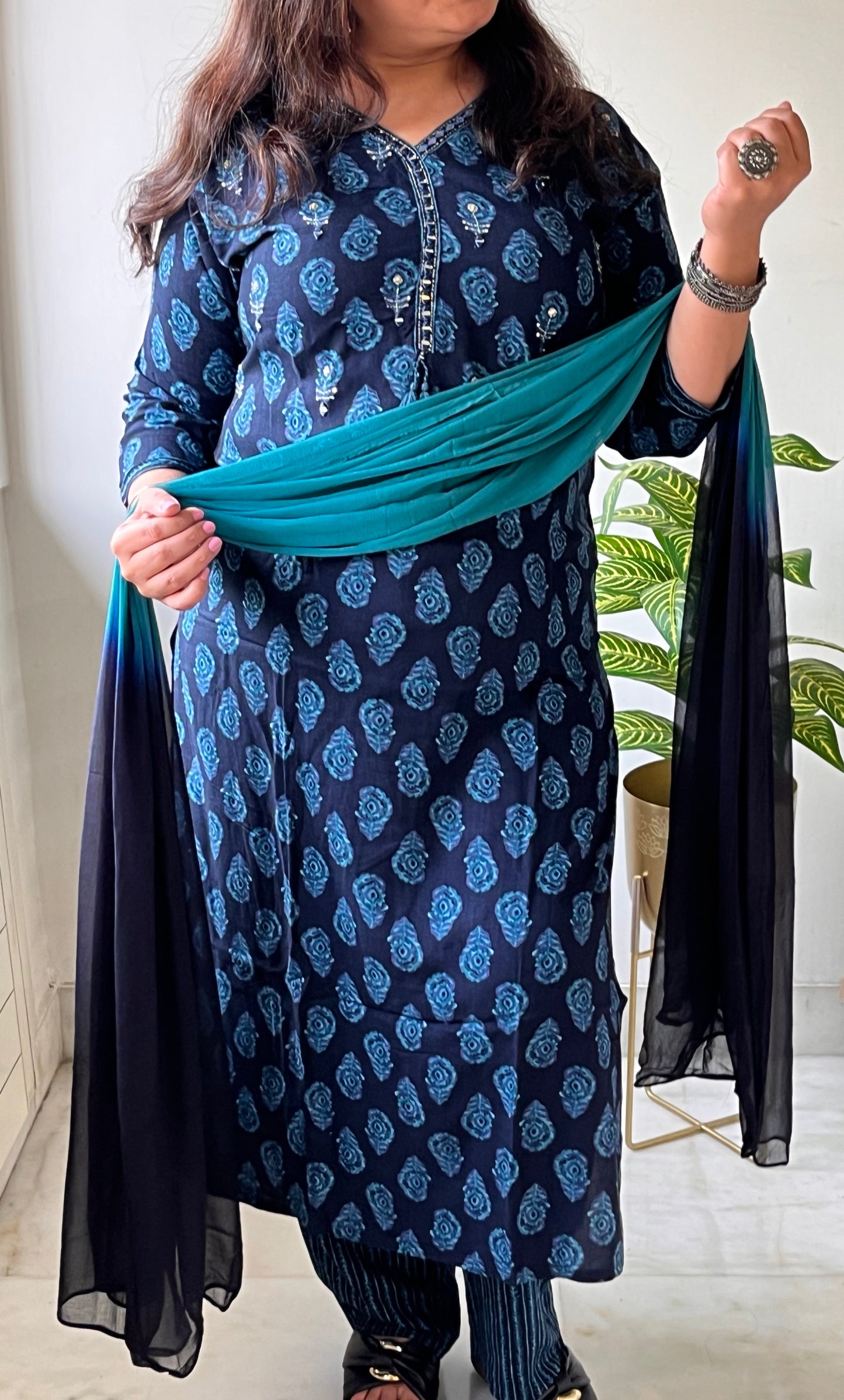 Blue Cotton Suit with Chiffon Dupatta