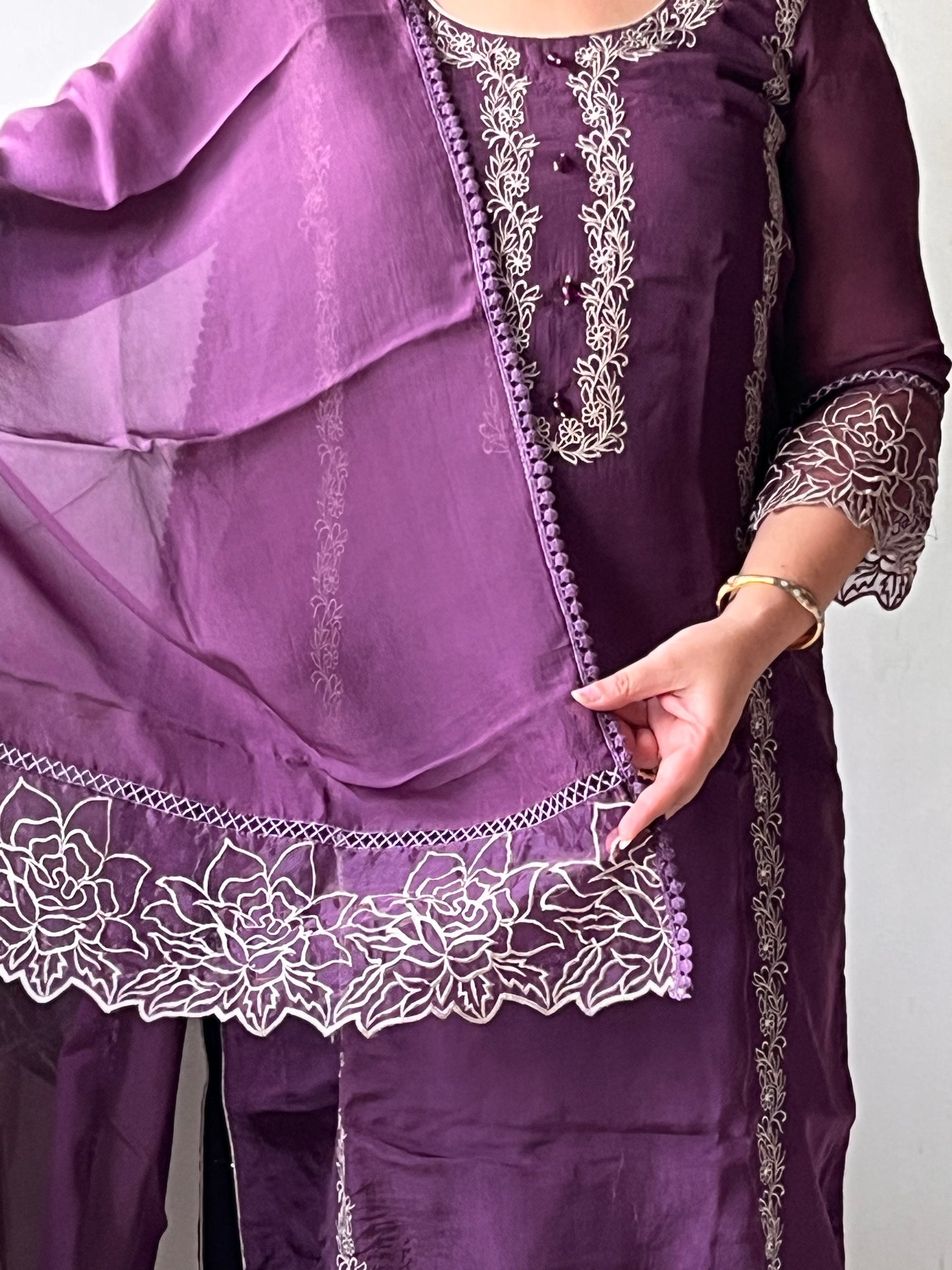 Purple Lace Work Organza Suit Set