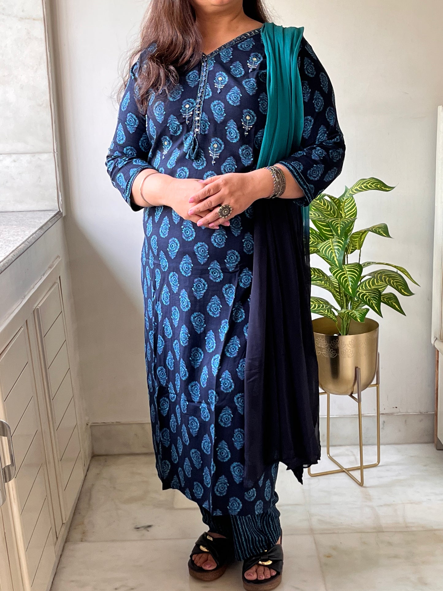 Blue Cotton Suit with Chiffon Dupatta