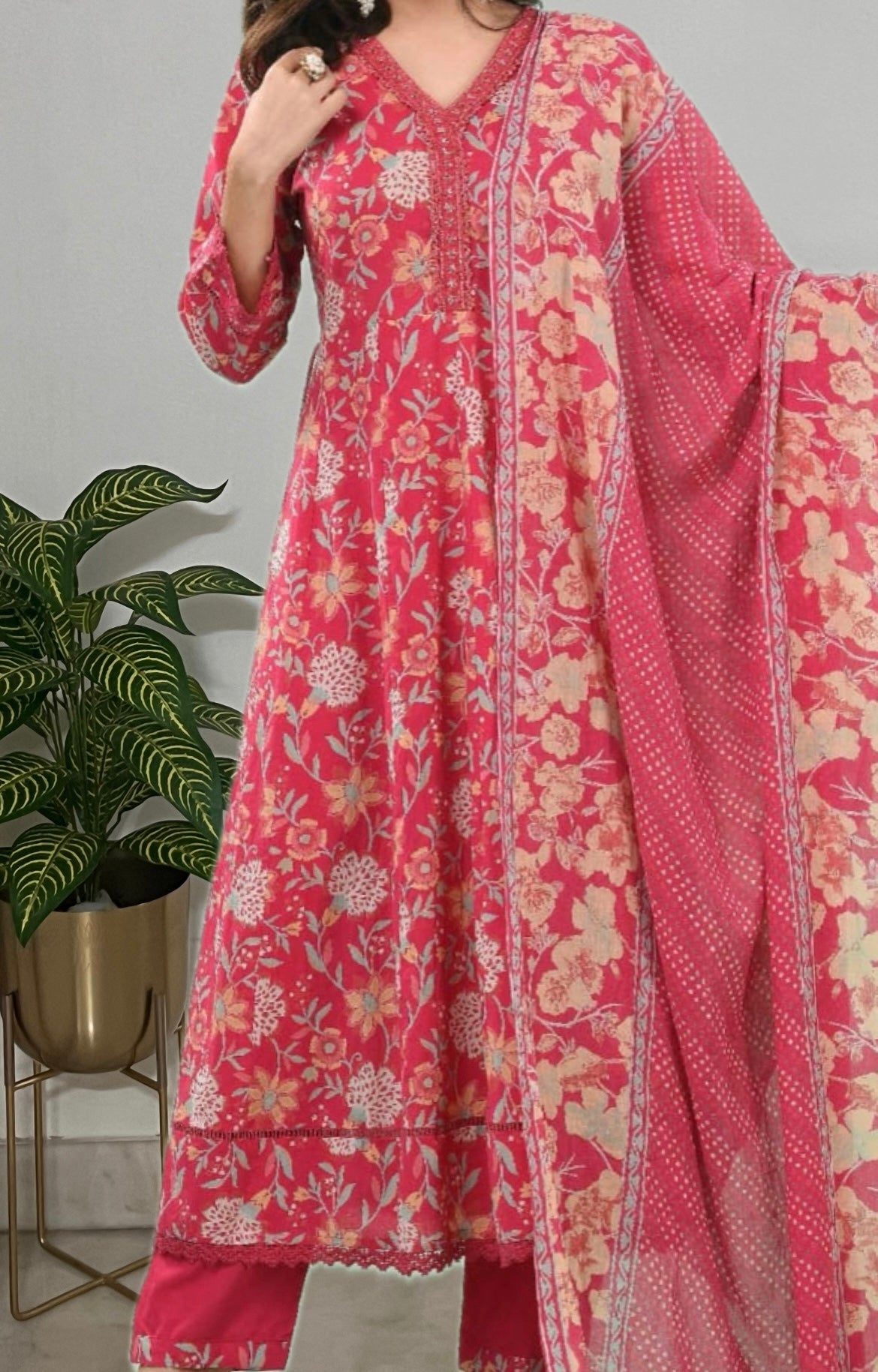 Pink Floral Soft Pure Cotton Anarkali