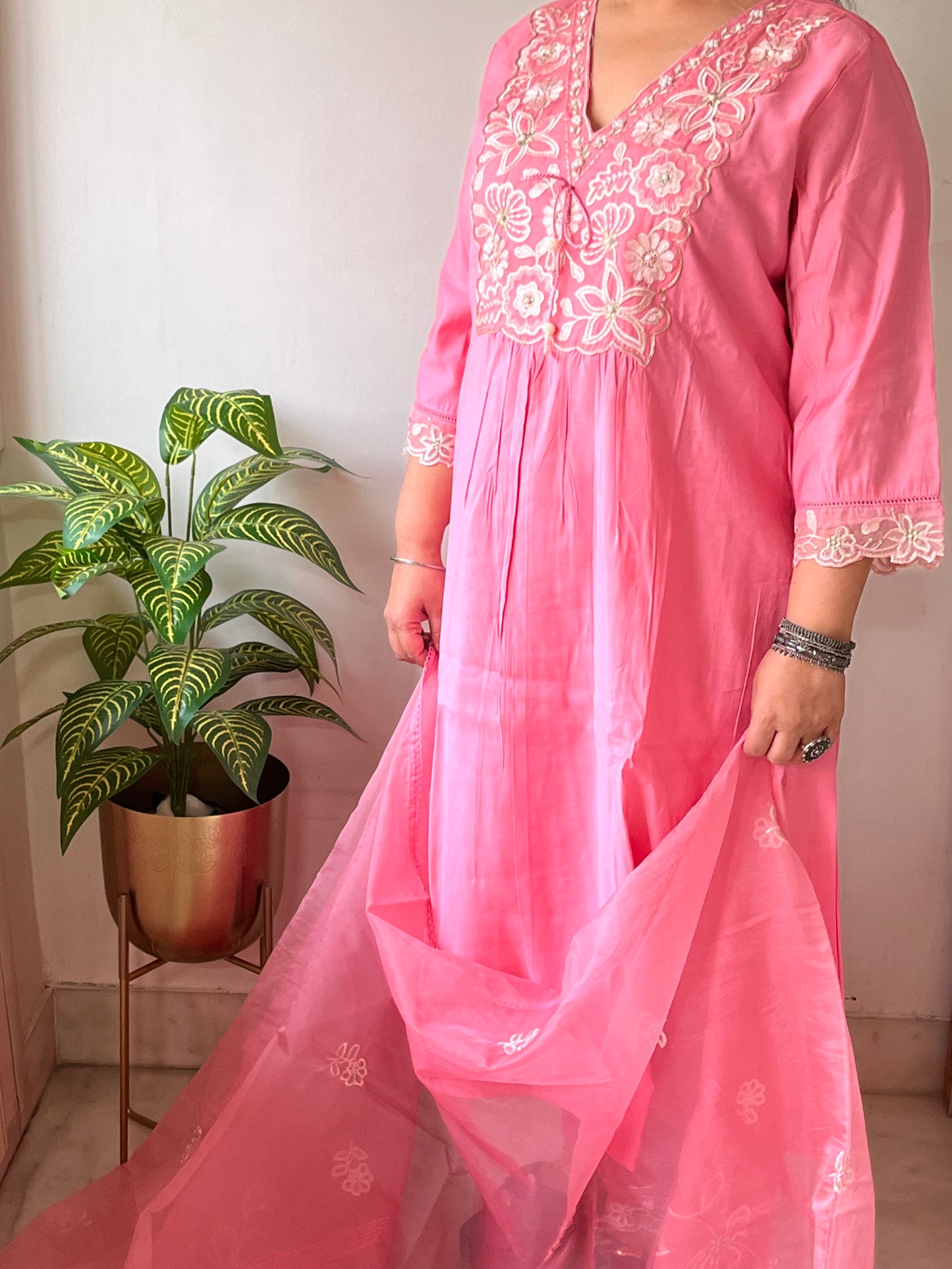 Pink A Line Silk Suit Set