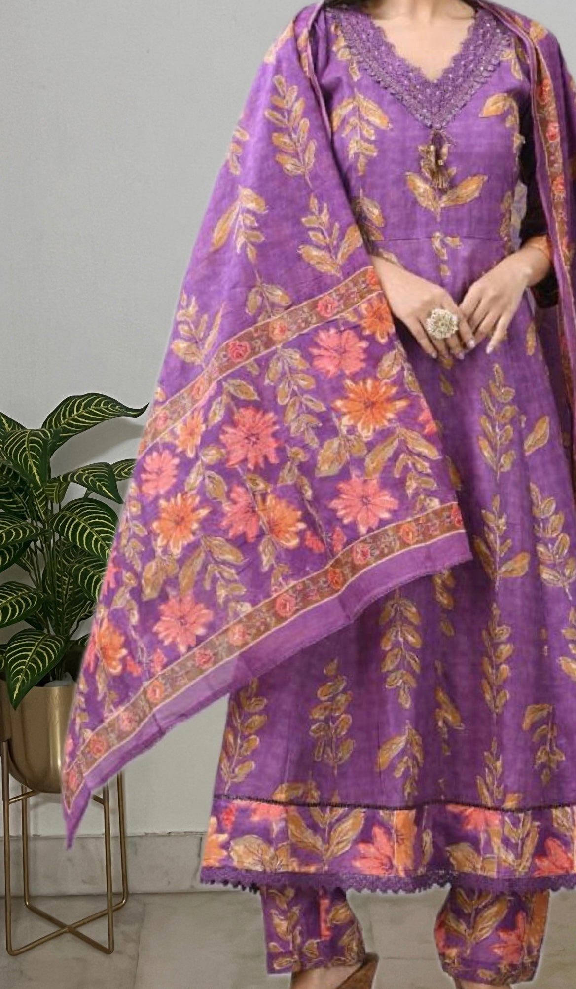 Purple Floral Soft Pure Cotton Anarkali