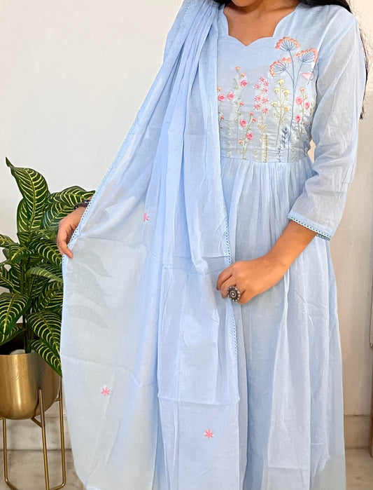 Sky Blue A Line Pure Mul Cotton Kurta Set