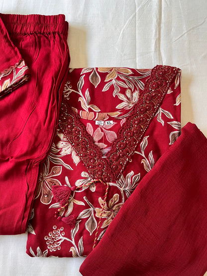 Deep Red Floral Cotton Suit with Chiffon Dupatta and Palazzos