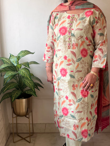 Mint Green Floral Soft Chanderi Suit