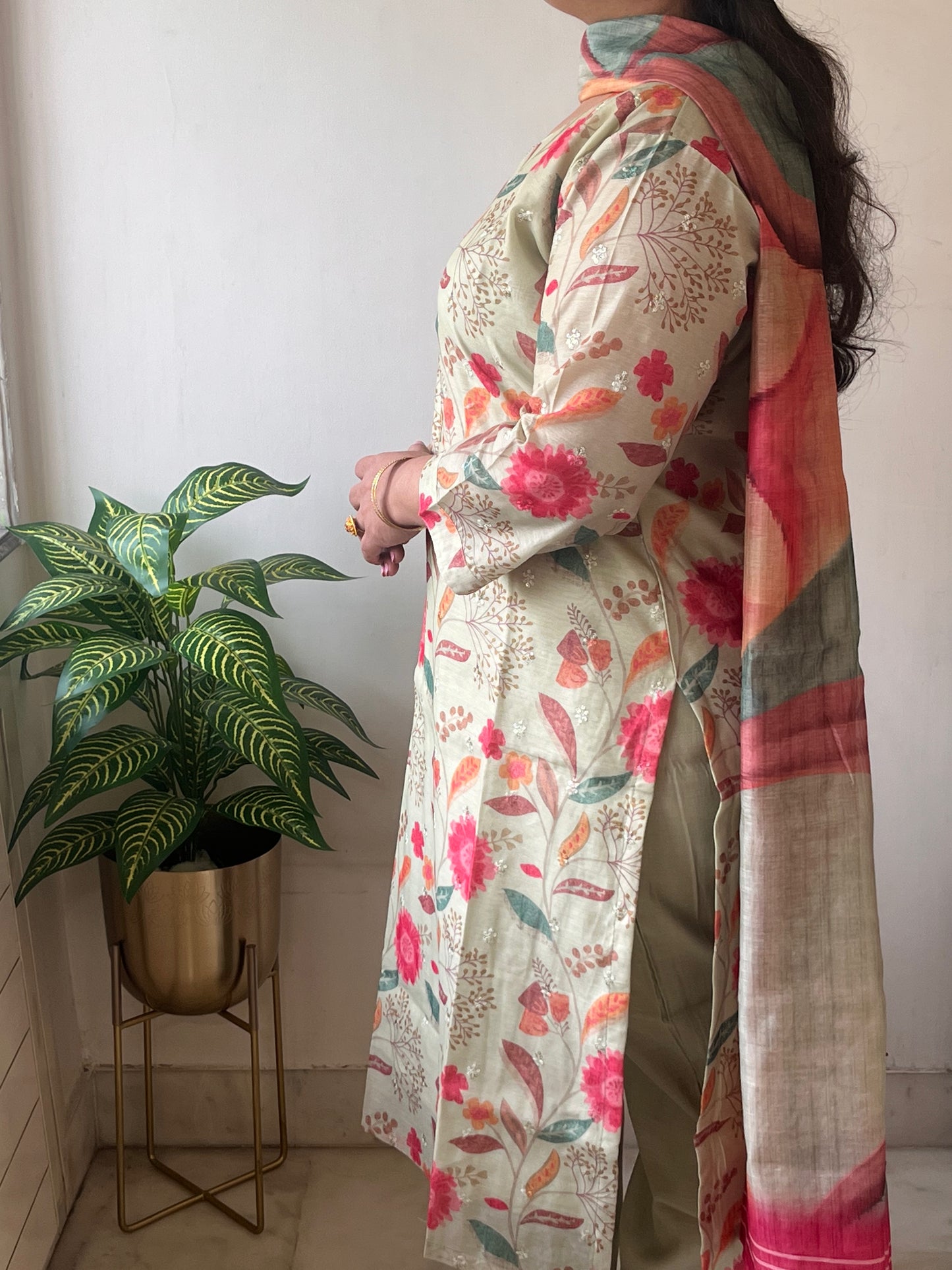 Mint Green Floral Soft Chanderi Suit