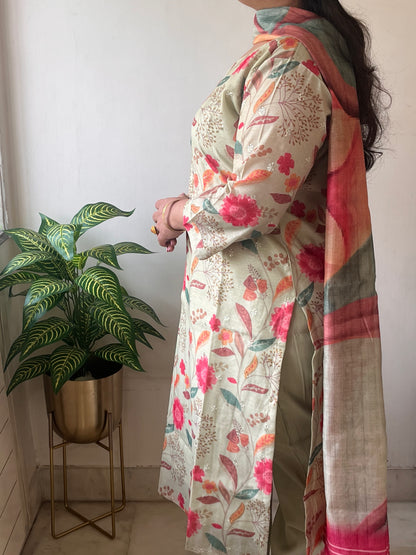 Mint Green Floral Soft Chanderi Suit