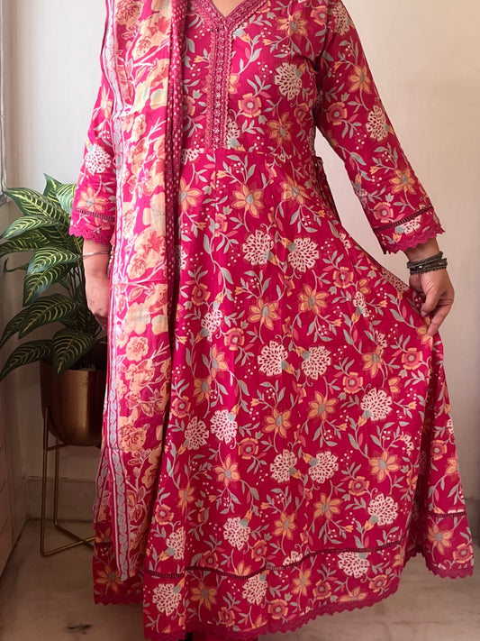 Pink Floral Soft Pure Cotton Anarkali