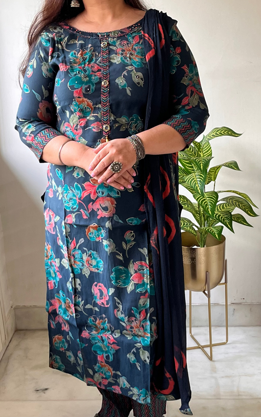 Blue Floral Muslin Suit