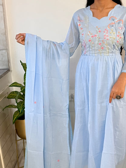 Sky Blue A Line Pure Mul Cotton Kurta Set