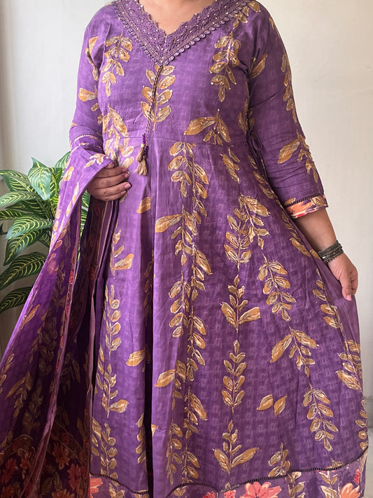 Purple Floral Soft Pure Cotton Anarkali
