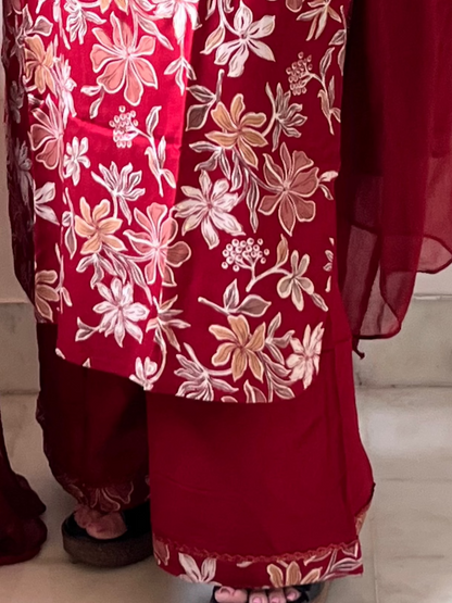 Deep Red Floral Cotton Suit with Chiffon Dupatta and Palazzos