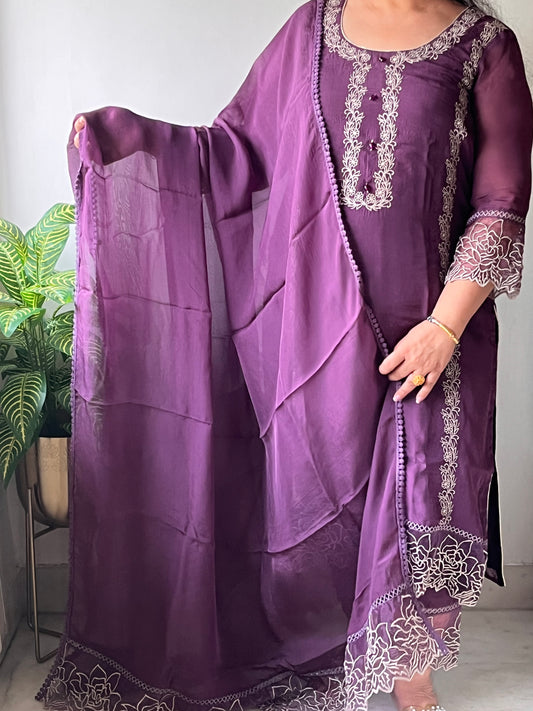 Purple Lace Work Organza Suit Set