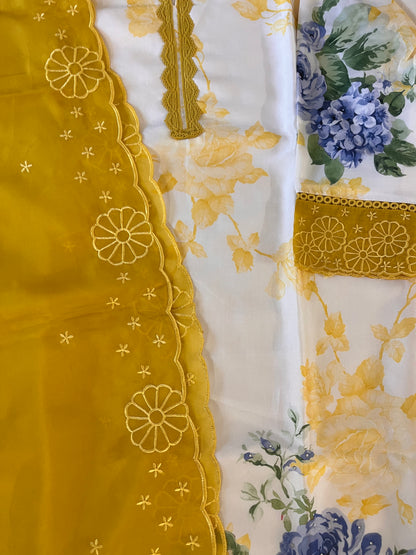 Ivory Yellow Digital Printed Pure Muslin Suit with Organza Dupatta