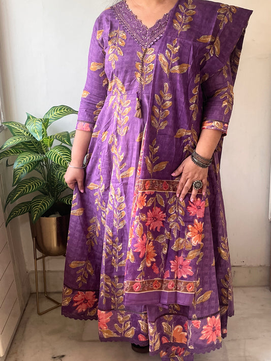 Purple Floral Soft Pure Cotton Anarkali
