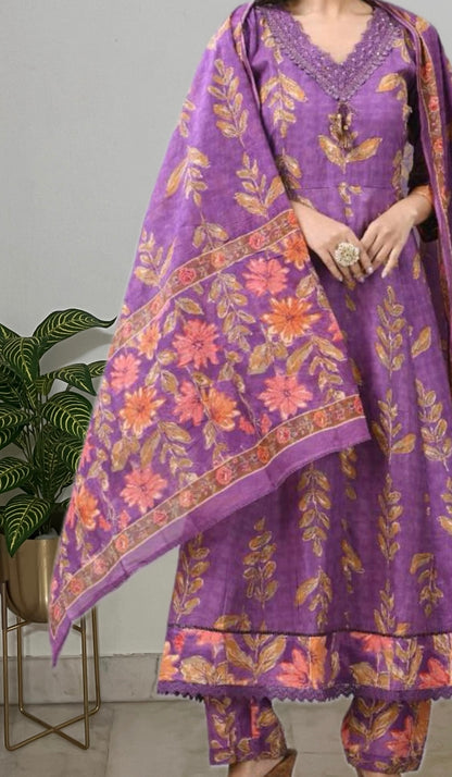 Purple Floral Soft Pure Cotton Anarkali