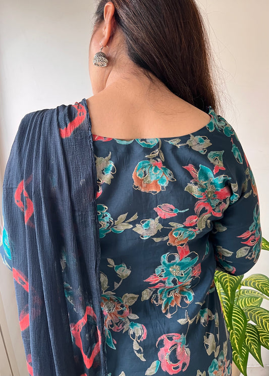Blue Floral Muslin Suit