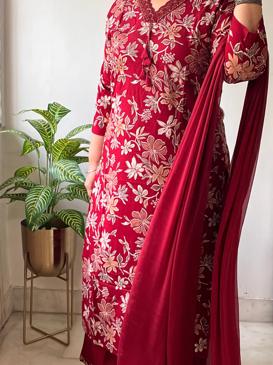 Deep Red Floral Cotton Suit with Chiffon Dupatta and Palazzos