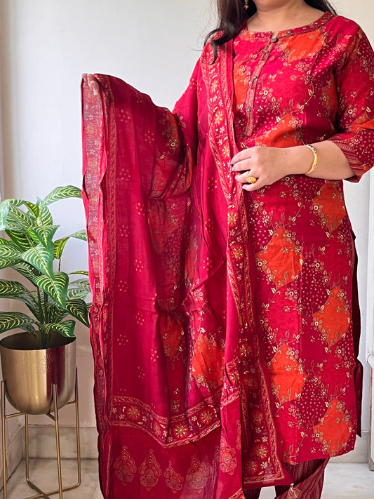 Red and Orange Muslin Festive Suit