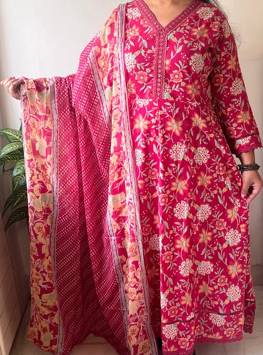 Pink Floral Soft Pure Cotton Anarkali